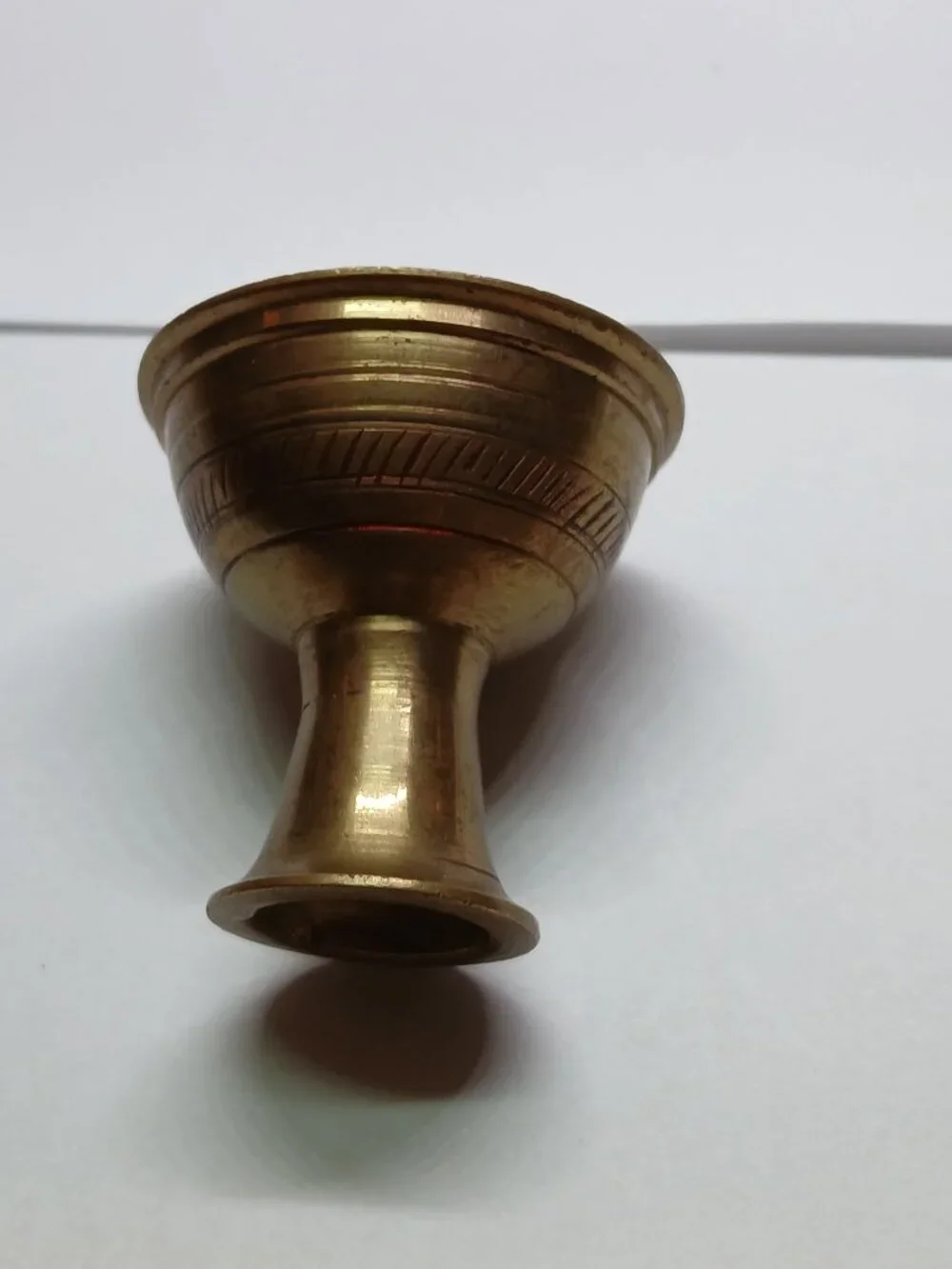 SMALL VINTAGE ANTIQUE BRASS VESSEL WITH GEOMETRIC PATTERNS IN RED PAINT
